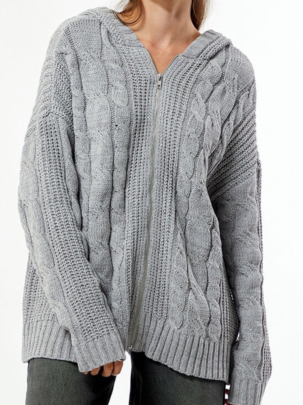 PacSun Gray Cable Knit Zip-Up Hoodie Sweater
